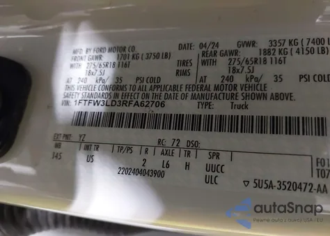 2024 Ford F-150 Xlt из США, поврежденный, VIN 1FTFW3LD3RFA62706